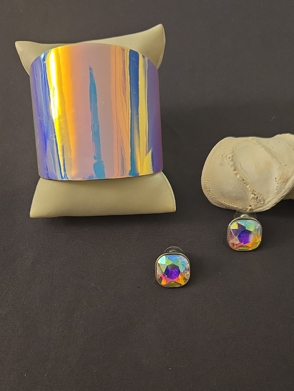 Iridescent Rainbow Cuff Bracelet and Stud Earring Set — Women Jewelry